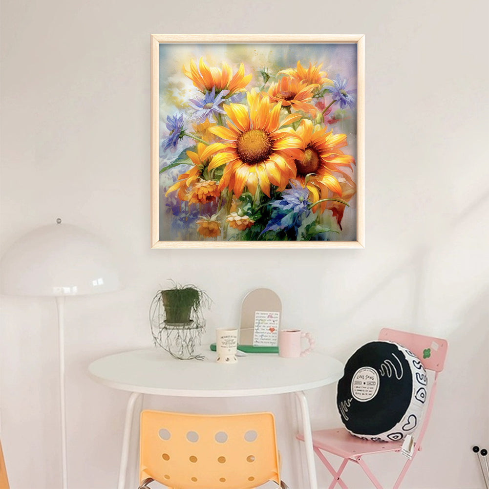 Sunflower Oil Painting - Full 11CT Stamped Cross Stitch 40x40CM - Huacan
