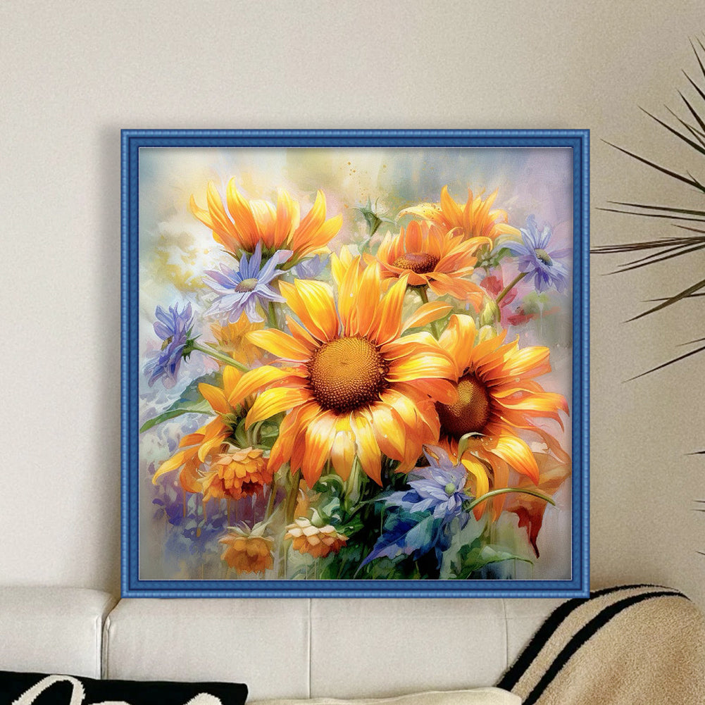 Sunflower Oil Painting - Full 11CT Stamped Cross Stitch 40x40CM - Huacan