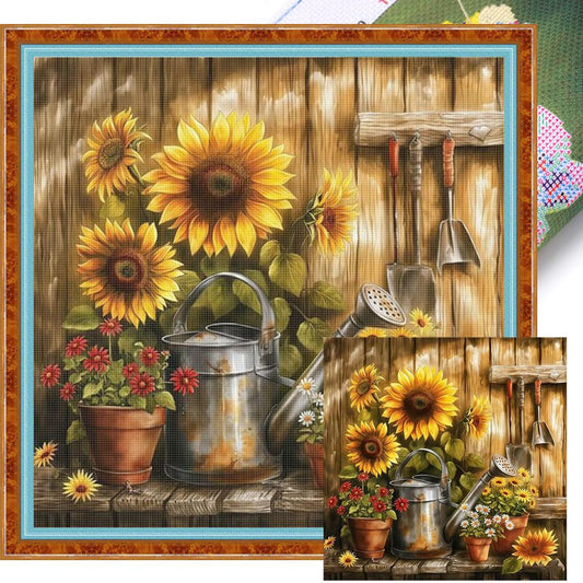 Sunflower Watering Can - Full 11CT Stamped Cross Stitch 40x40CM - Huacan