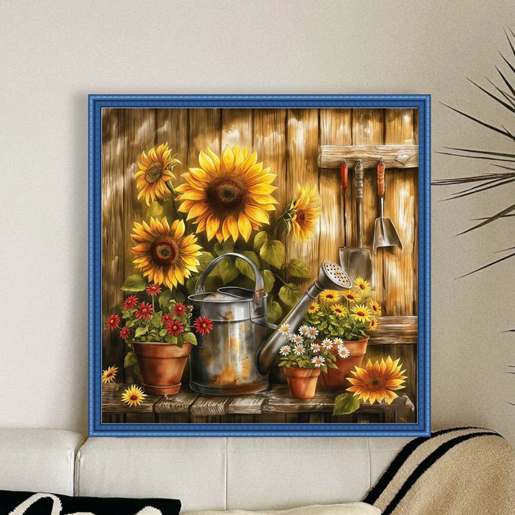 Sunflower Watering Can - Full 11CT Stamped Cross Stitch 40x40CM - Huacan