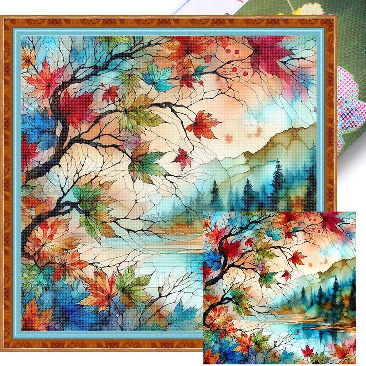 Stained Glass Scenery - Full 11CT Stamped Cross Stitch 40x40CM - Huacan