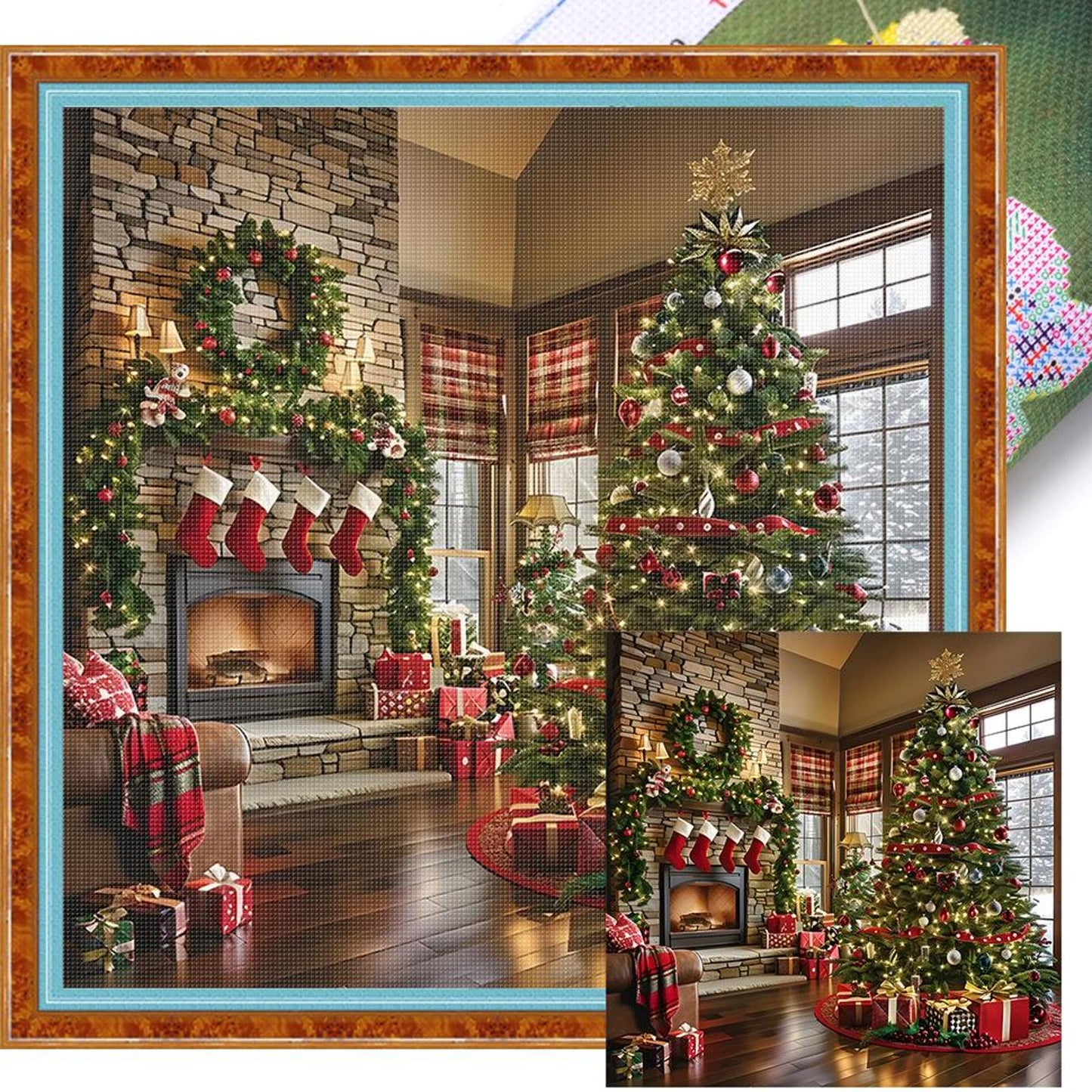 Christmas Fireplace - Full 11CT Stamped Cross Stitch 40x40CM - Huacan