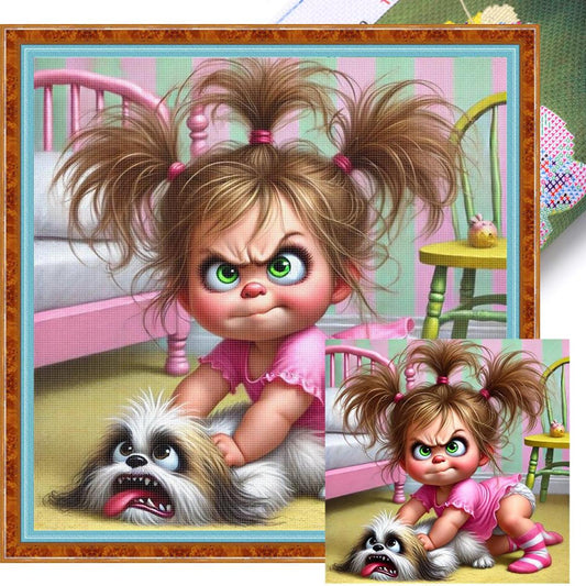 Girl And Dog - Full 11CT Stamped Cross Stitch 40x40CM - Yishu