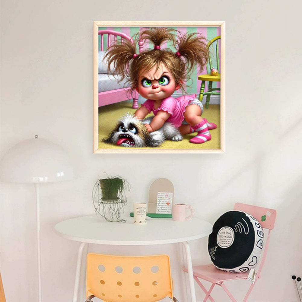 Girl And Dog - Full 11CT Stamped Cross Stitch 40x40CM - Yishu
