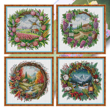 Load image into Gallery viewer, Seasonal scenery in a wreath - 40*40CM 14CT Stamped Cross Stitch Egyptian cotton（Fairy Brand）
