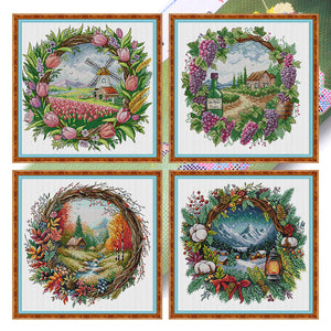 Seasonal scenery in a wreath - 40*40CM 14CT Stamped Cross Stitch Egyptian cotton（Fairy Brand）