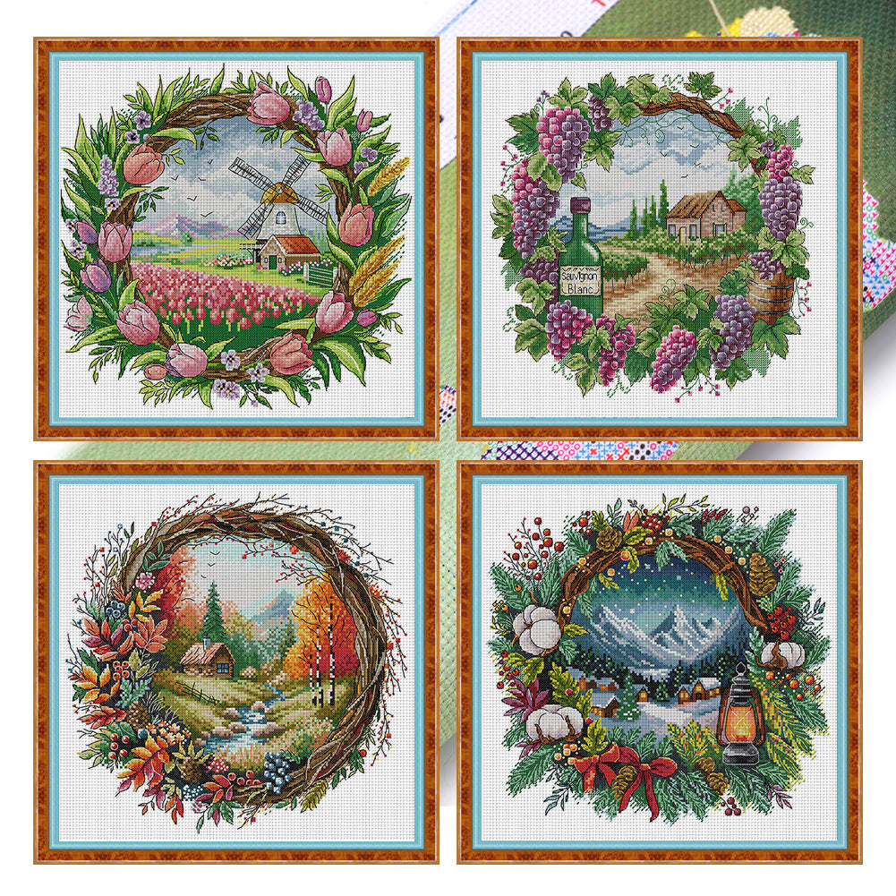 Seasonal scenery in a wreath - 40*40CM 14CT Stamped Cross Stitch Egyptian cotton（Fairy Brand）