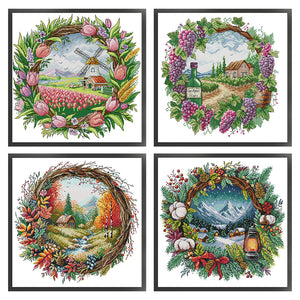 Seasonal scenery in a wreath - 40*40CM 14CT Stamped Cross Stitch Egyptian cotton（Fairy Brand）
