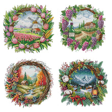 Load image into Gallery viewer, Seasonal scenery in a wreath - 40*40CM 14CT Stamped Cross Stitch Egyptian cotton£¨Fairy Brand£©
