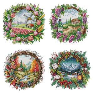 Seasonal scenery in a wreath - 40*40CM 14CT Stamped Cross Stitch Egyptian cotton（Fairy Brand）