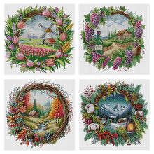 Load image into Gallery viewer, Seasonal scenery in a wreath - 40*40CM 14CT Stamped Cross Stitch Egyptian cotton£¨Fairy Brand£©
