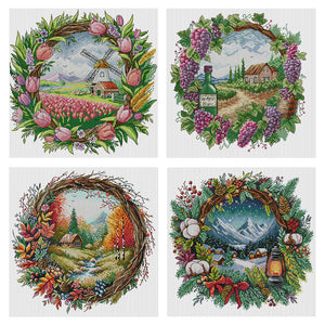 Seasonal scenery in a wreath - 40*40CM 14CT Stamped Cross Stitch Egyptian cotton£¨Fairy Brand£©