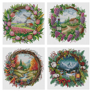 Seasonal scenery in a wreath - 40*40CM 14CT Stamped Cross Stitch Egyptian cotton（Fairy Brand）