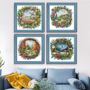 Seasonal scenery in a wreath - 40*40CM 14CT Stamped Cross Stitch Egyptian cotton（Fairy Brand）