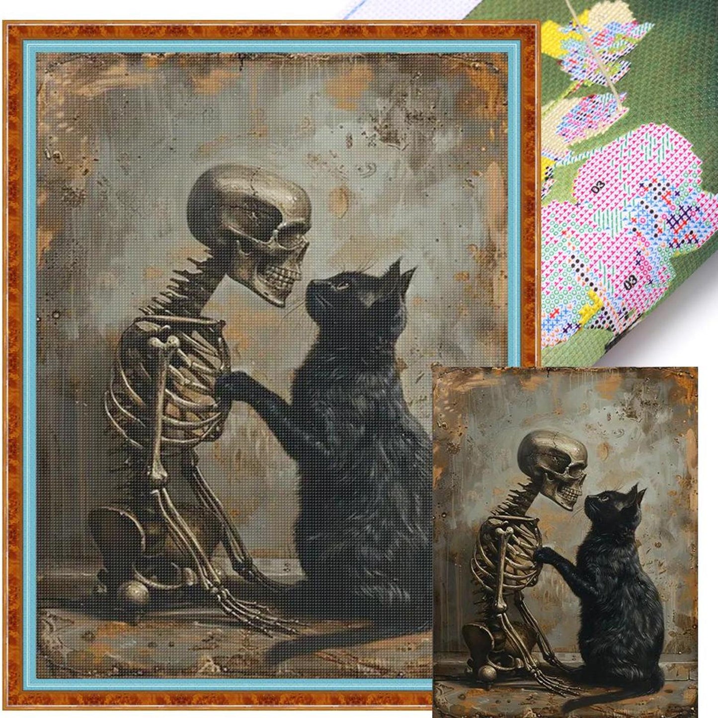 Black Cat And Skull - Full 14CT Stamped Cross Stitch 30x40CM - Huacan