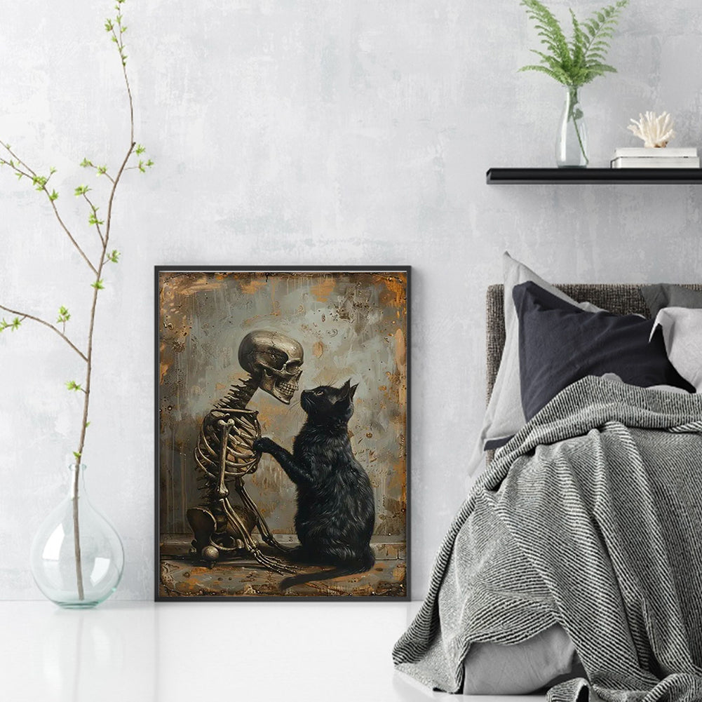 Black Cat And Skull - Full 14CT Stamped Cross Stitch 30x40CM - Huacan