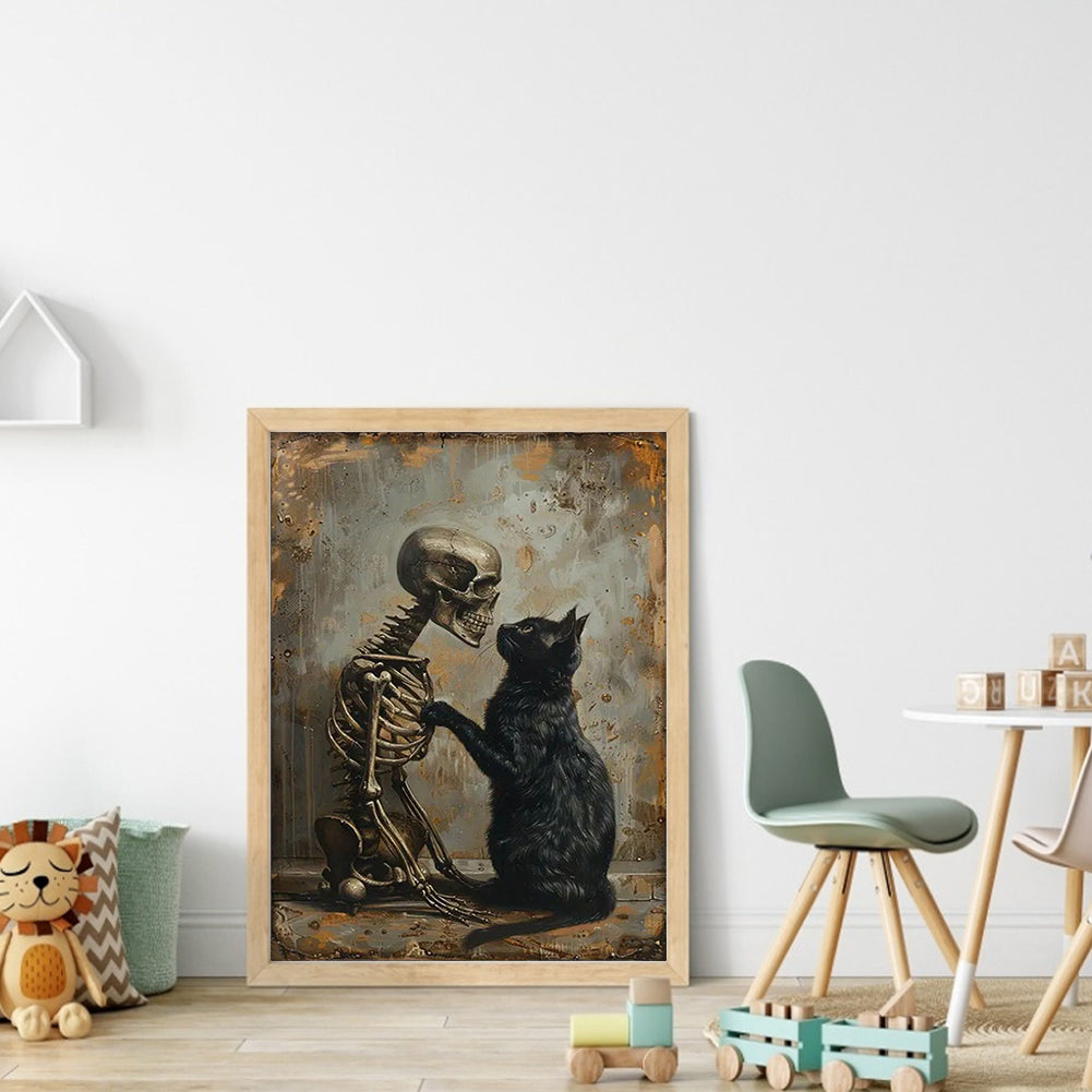 Black Cat And Skull - Full 14CT Stamped Cross Stitch 30x40CM - Huacan