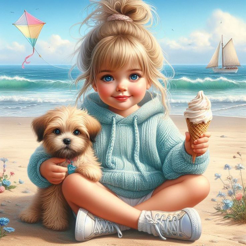 Dog And Child 40*40CM(Canvas) Full Round Drill Diamond Painting