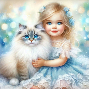 Cat And Little Girl 40*40CM(Canvas) Full Round Drill Diamond Painting