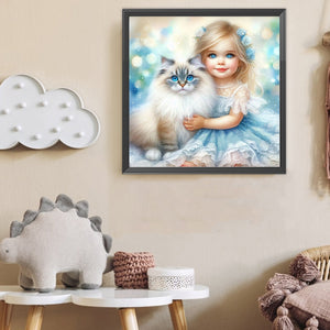 Cat And Little Girl 40*40CM(Canvas) Full Round Drill Diamond Painting