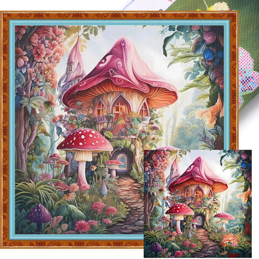 Mushroom Cabin - Full 16CT Stamped Cross Stitch 40x40CM - Huacan