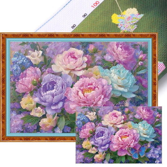 Flowers And Butterflies - Full 14CT Stamped Cross Stitch 60x40CM - Huacan