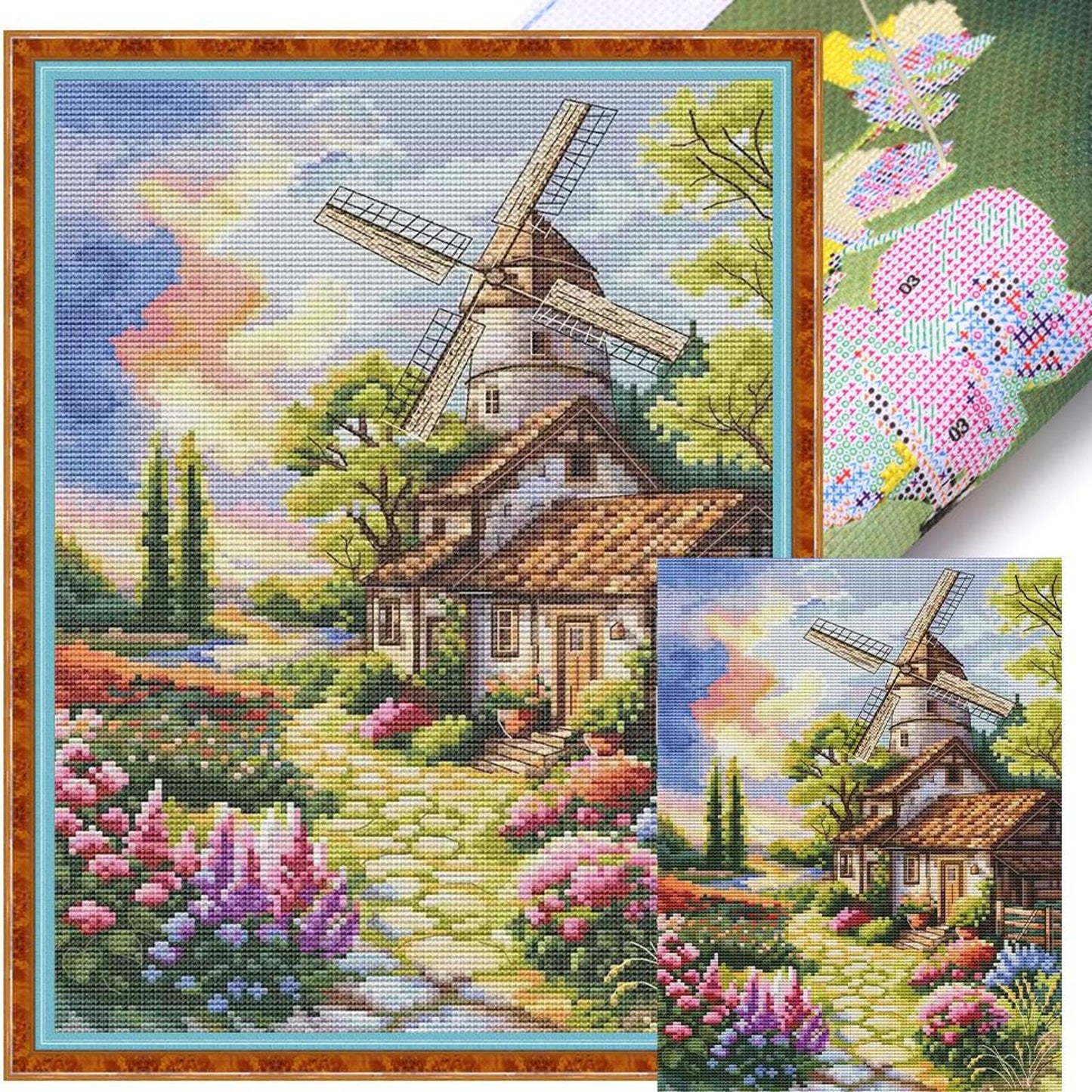Windmill And Cabin - Full 14CT Stamped Cross Stitch 30x40CM - Fairy Egyptian Cotton