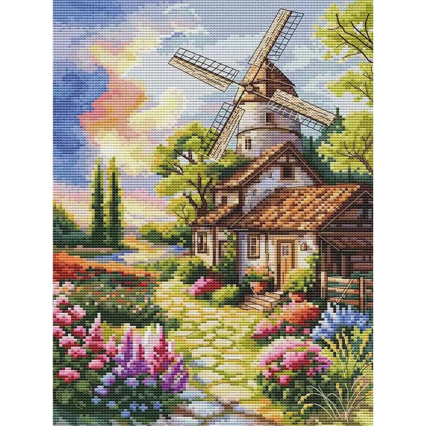 Windmill And Cabin - Full 14CT Stamped Cross Stitch 30x40CM - Fairy Egyptian Cotton