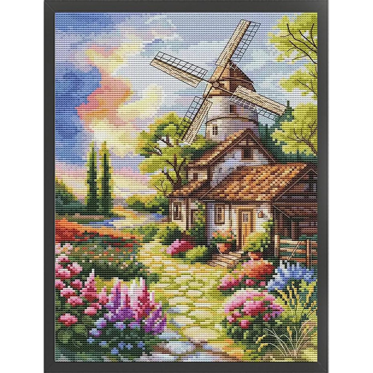 Windmill And Cabin - Full 14CT Stamped Cross Stitch 30x40CM - Fairy Egyptian Cotton