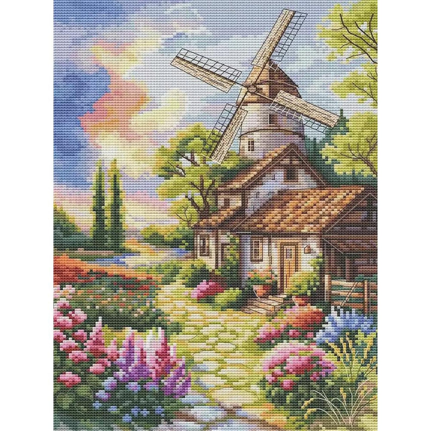 Windmill And Cabin - Full 14CT Stamped Cross Stitch 30x40CM - Fairy Egyptian Cotton