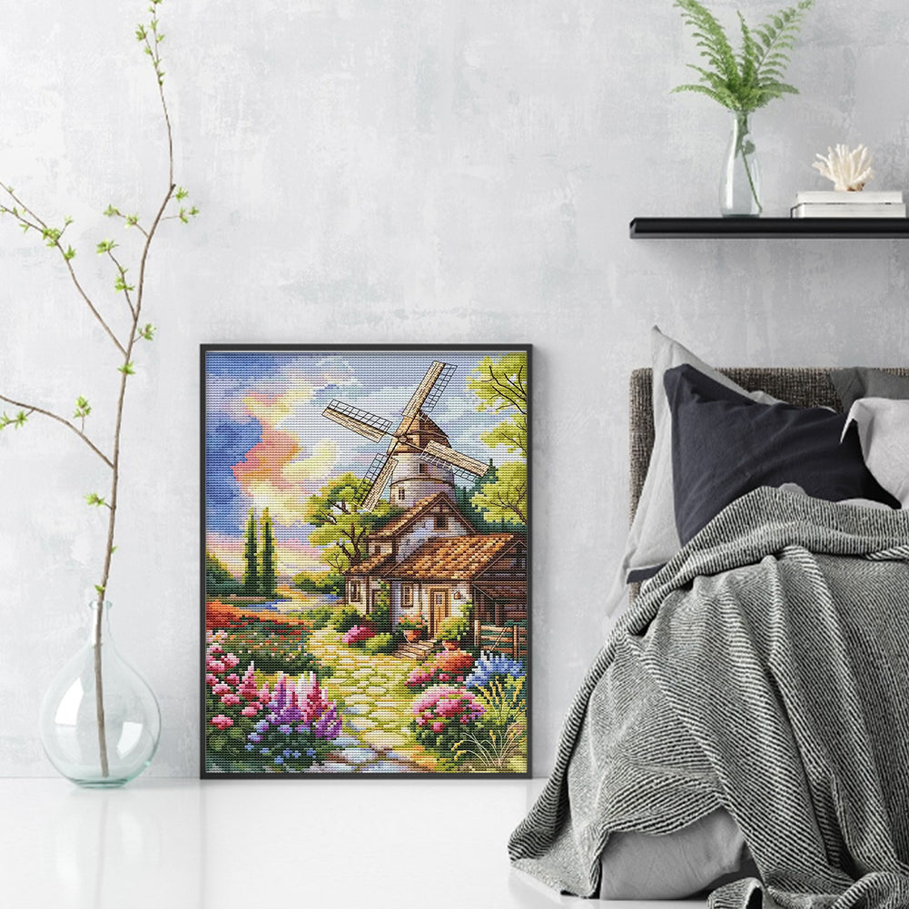 Windmill And Cabin - Full 14CT Stamped Cross Stitch 30x40CM - Fairy Egyptian Cotton