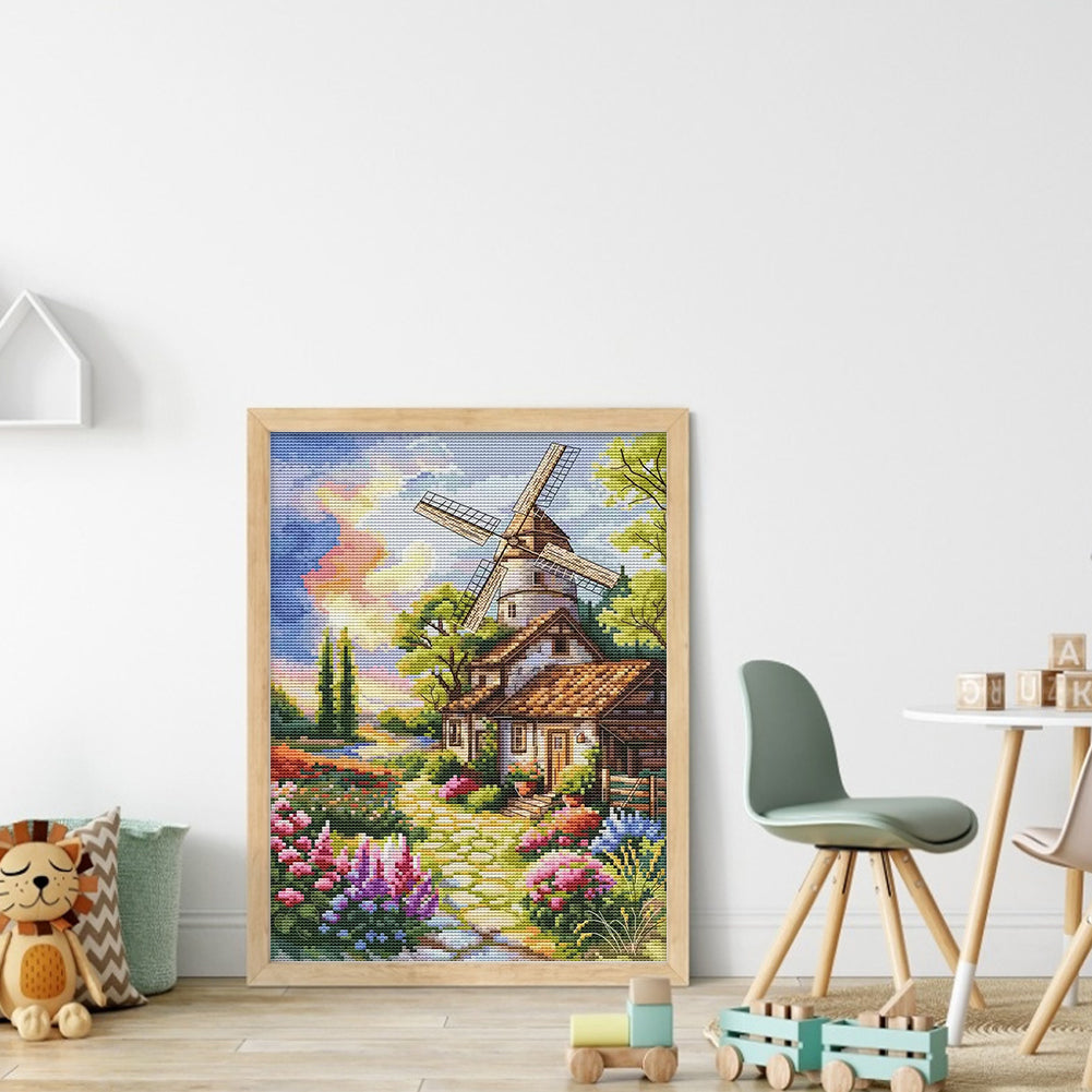 Windmill And Cabin - Full 14CT Stamped Cross Stitch 30x40CM - Fairy Egyptian Cotton