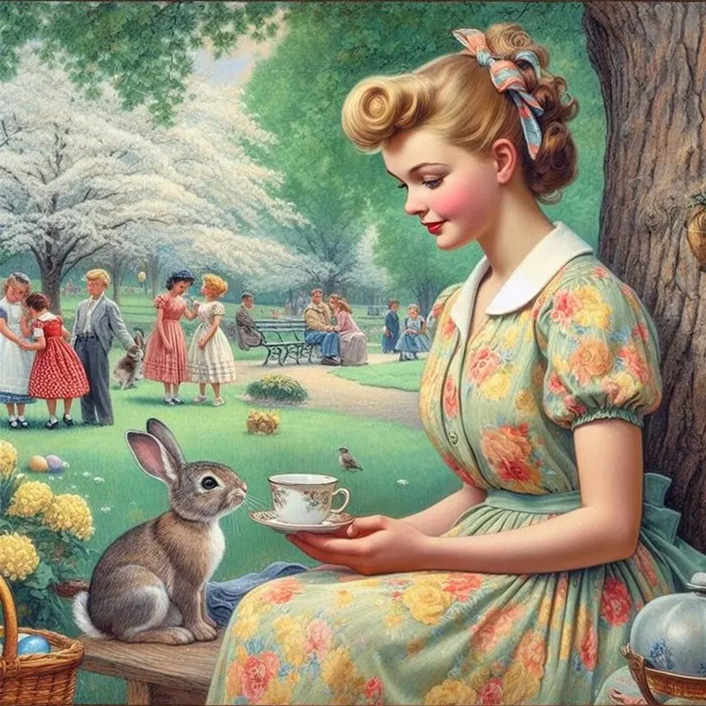 Vintage Park Tea Party - Full 18CT Stamped Cross Stitch 40x40CM - Huacan