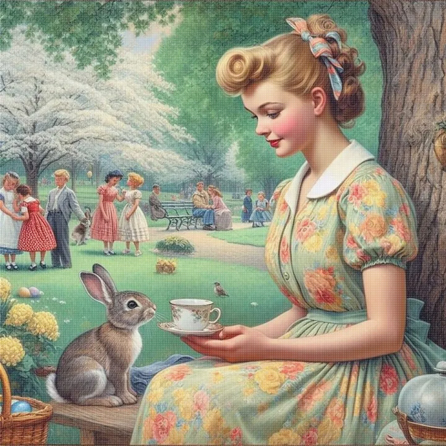 Vintage Park Tea Party - Full 18CT Stamped Cross Stitch 40x40CM - Huacan