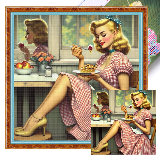 Retro Apple Pie Girl - Full 18CT Stamped Cross Stitch 40x40CM - Huacan