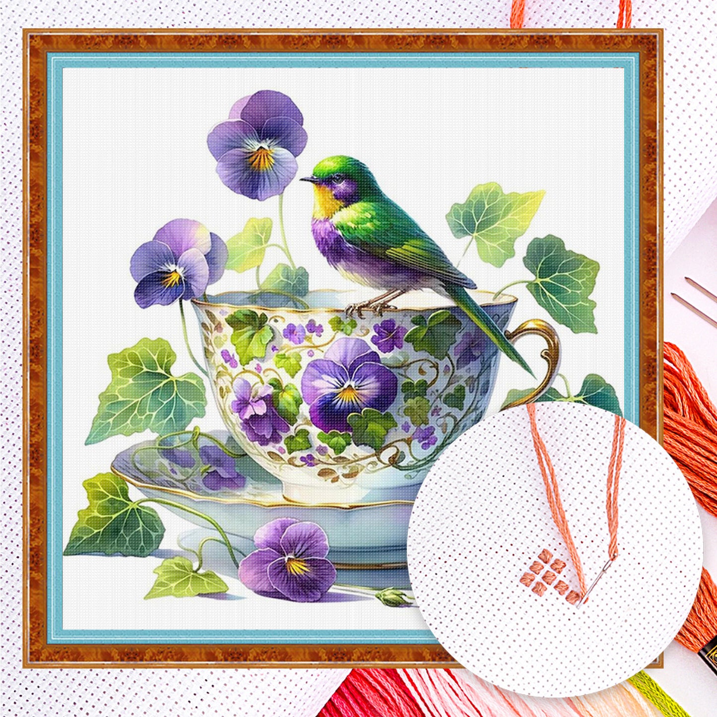 Pansy, Bird And Teacup - Full 14CT Counted Cross Stitch 40x40CM - Yishu