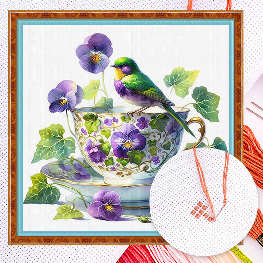 Pansy, Bird And Teacup - Full 14CT Counted Cross Stitch 40x40CM - Yishu