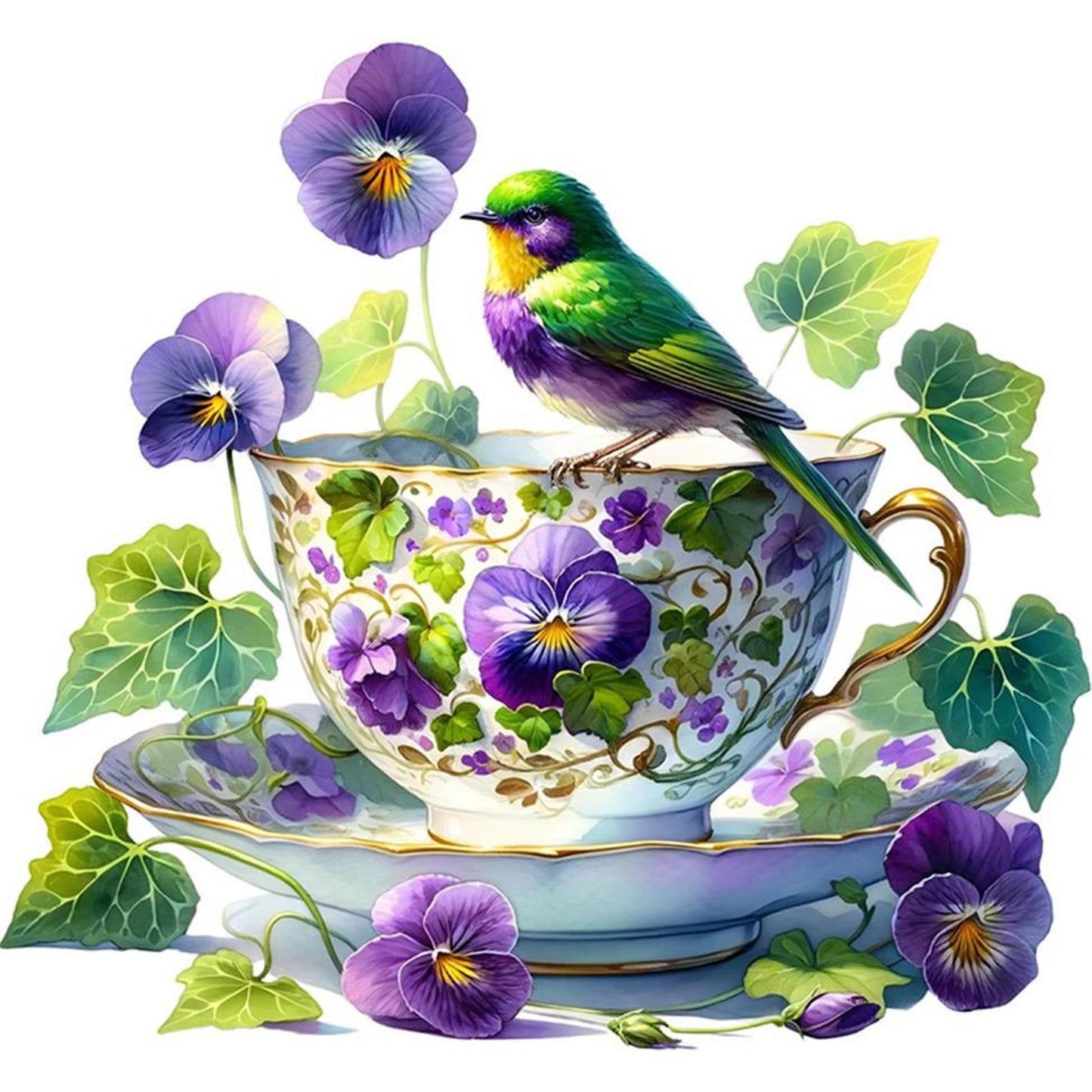 Pansy, Bird And Teacup - Full 14CT Counted Cross Stitch 40x40CM - Yishu