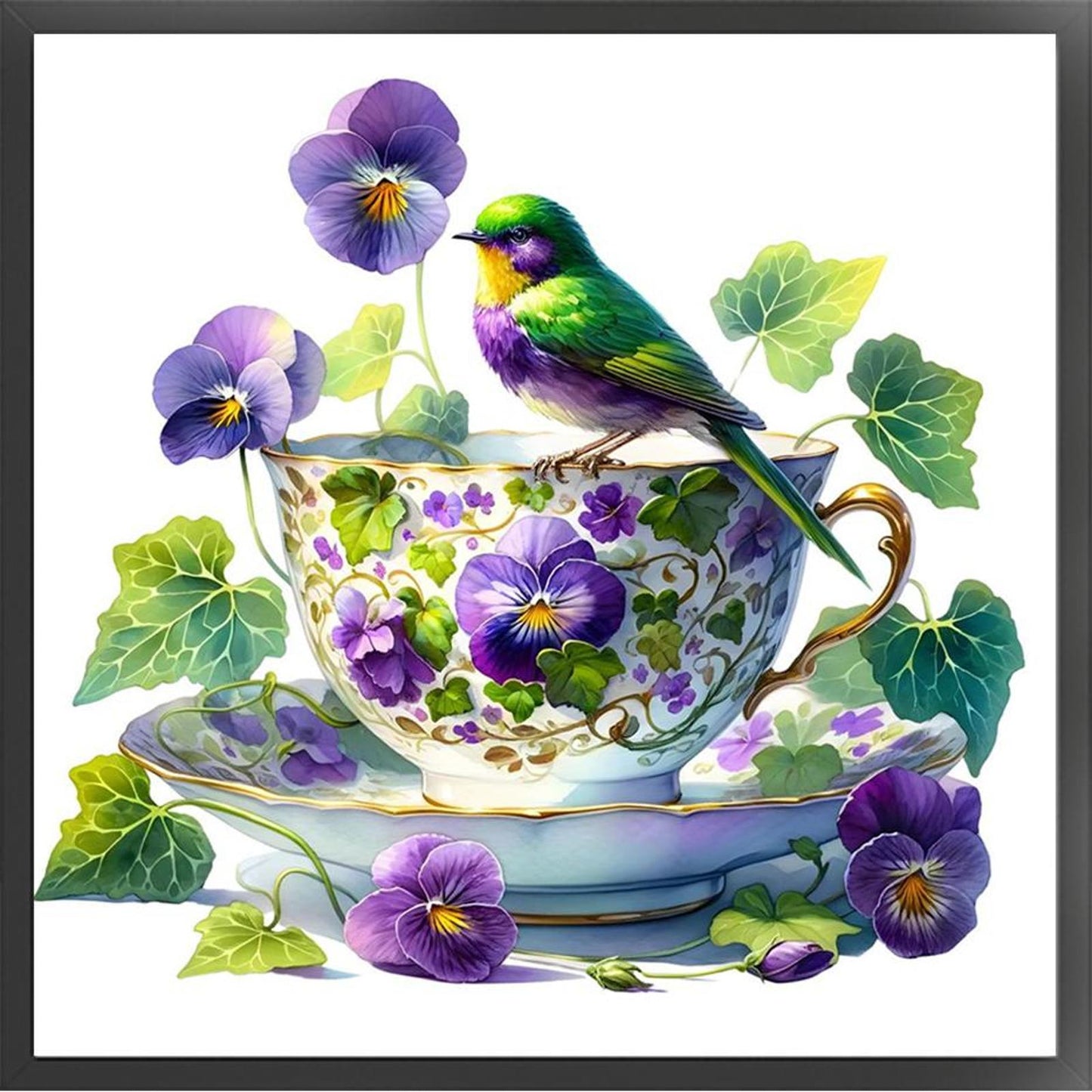 Pansy, Bird And Teacup - Full 14CT Counted Cross Stitch 40x40CM - Yishu