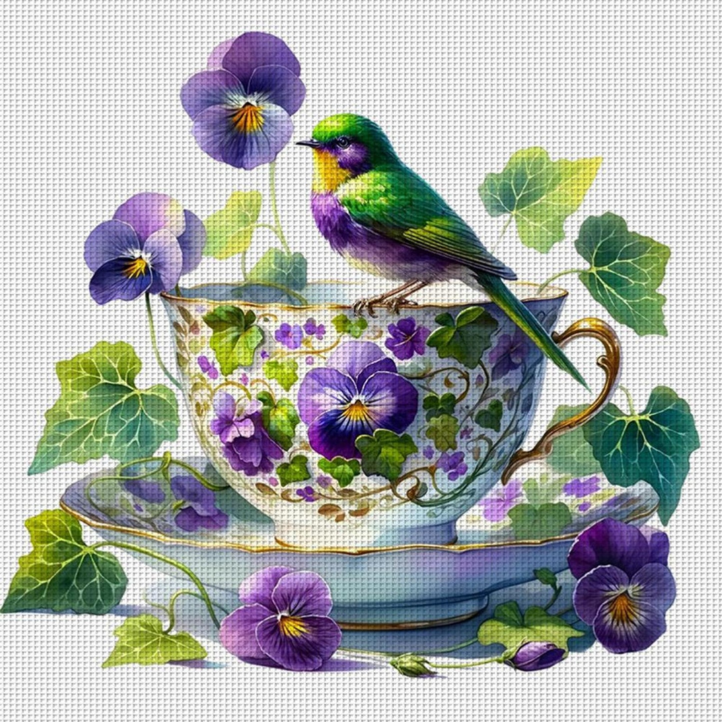 Pansy, Bird And Teacup - Full 14CT Counted Cross Stitch 40x40CM - Yishu