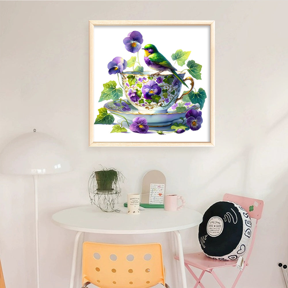 Pansy, Bird And Teacup - Full 14CT Counted Cross Stitch 40x40CM - Yishu