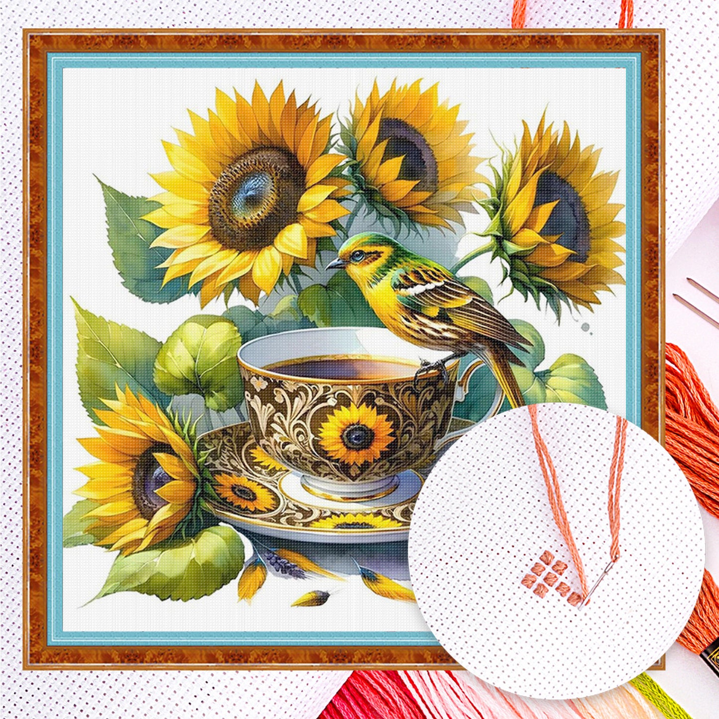 Sunflower, Bird And Teacup - Full 14CT Counted Cross Stitch 40x40CM - Yishu