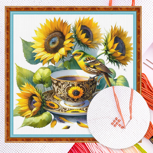 Sunflower, Bird And Teacup - Full 14CT Counted Cross Stitch 40x40CM - Yishu