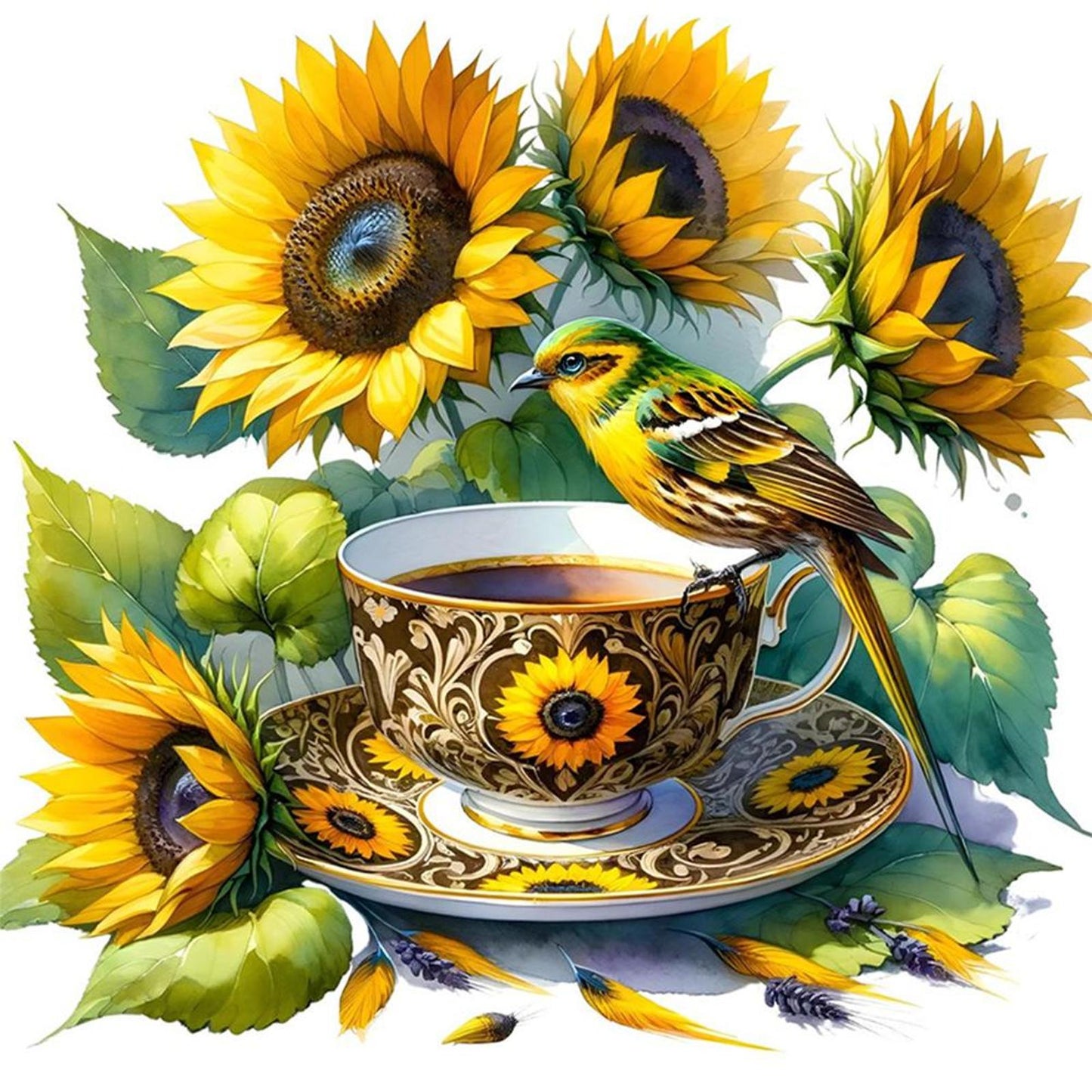 Sunflower, Bird And Teacup - Full 14CT Counted Cross Stitch 40x40CM - Yishu