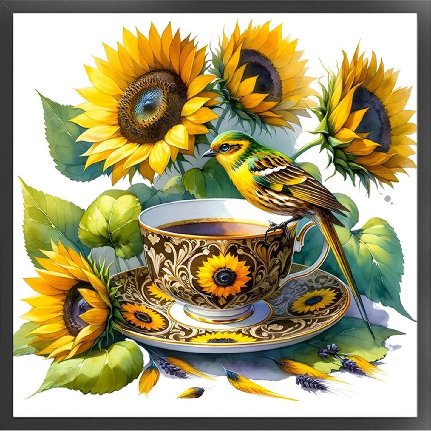 Sunflower, Bird And Teacup - Full 14CT Counted Cross Stitch 40x40CM - Yishu