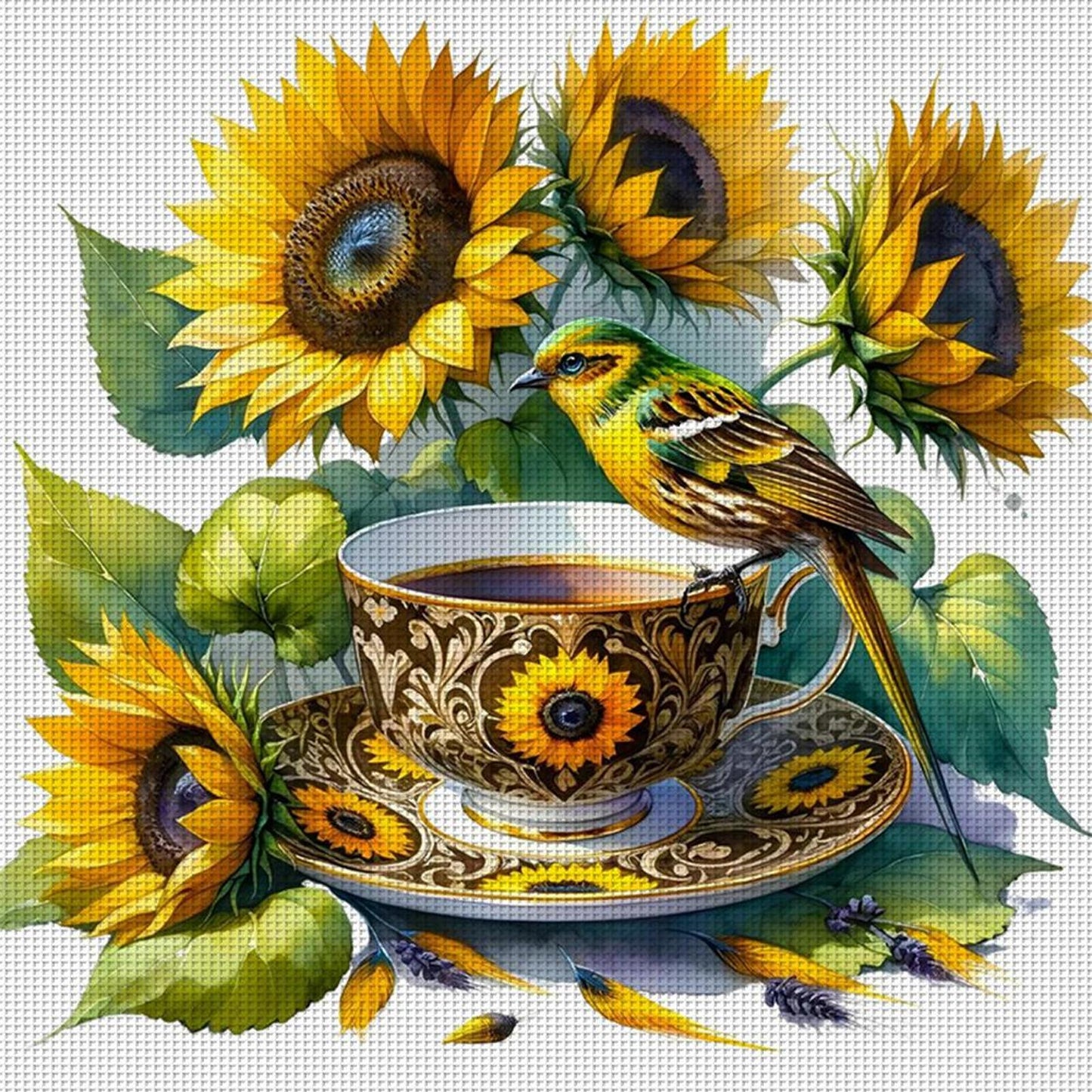 Sunflower, Bird And Teacup - Full 14CT Counted Cross Stitch 40x40CM - Yishu