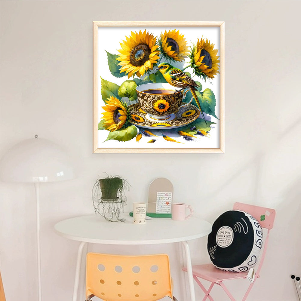 Sunflower, Bird And Teacup - Full 14CT Counted Cross Stitch 40x40CM - Yishu