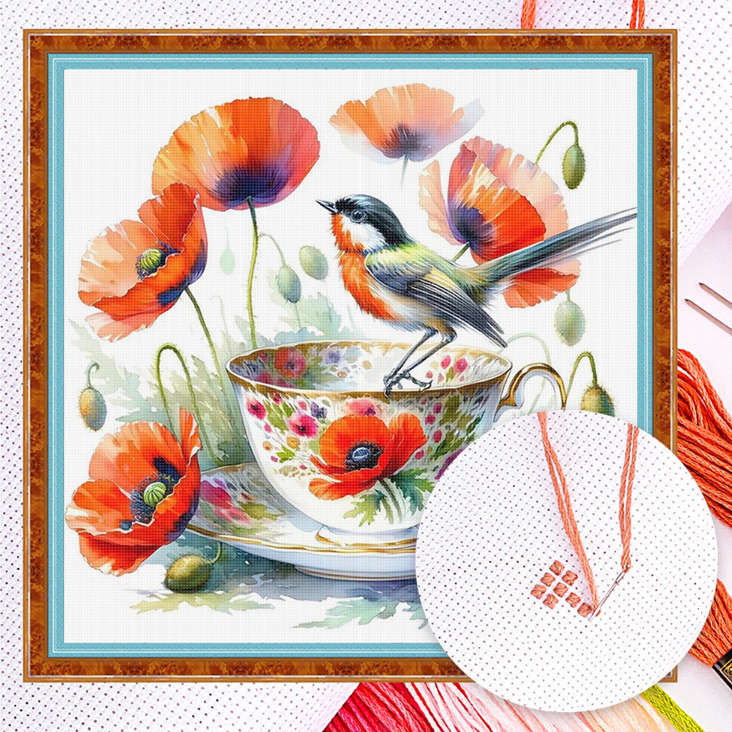 Poppy, Bird And Teacup - Full 14CT Counted Cross Stitch 40x40CM - Yishu