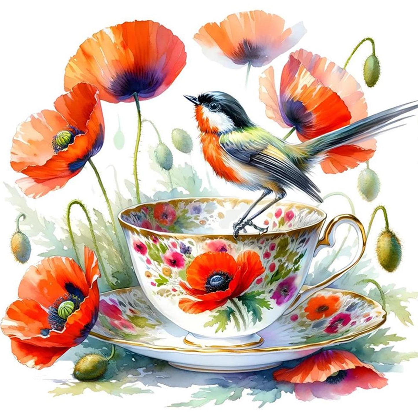 Poppy, Bird And Teacup - Full 14CT Counted Cross Stitch 40x40CM - Yishu