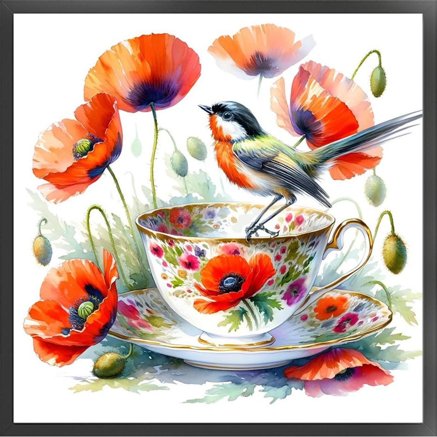Poppy, Bird And Teacup - Full 14CT Counted Cross Stitch 40x40CM - Yishu